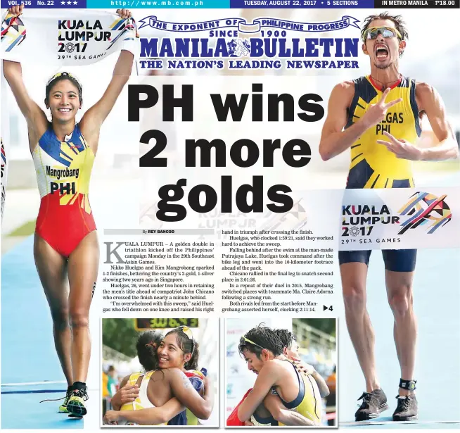  ??  ?? TRIATHLON TRIUMPHS – The Philippine­s dominated the triathlon at the Southeast Asian Games in Kuala Lumpur, Malaysia, Monday, snaring two golds and two silvers. Kim Mangrobang (left) ruled the women’s event and Nikko Huelgas the men’s event. At the...