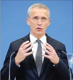  ?? SUPPLIED/AFP ?? NATO secretary-general Jens Stoltenber­g holds a press conference ahead of a foreign ministers meeting in the Belgian capital city of Brussels on Monday.