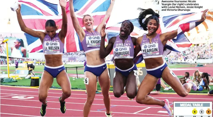  ?? ?? Awesome foursome: Nicole Yeargin (far right) celebrates with Laviai Nielsen, Jessie Knight and Victoria Ohuruogu