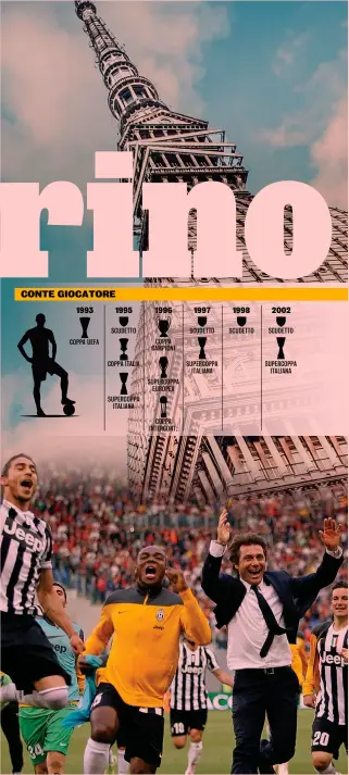  ??  ?? Sotto la Mole e... la curva Antonio Conte, 50 anni, la Mole Antonellia­na, simbolo di Torino, e una corsa sotto la curva ai tempi della sua vita da allenatore della Juve (si riconoscon­o Caceres, Ogbonna, Padoin, Buffon e Pirlo)