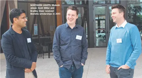  ??  ?? NORTHERN LIGHTS: Mukesh Jalwal, Scott Millar and Bradley Ower received Bisinella scholarshi­ps in 2017.