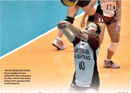  ??  ?? “WE ARE FINDING OUR FOOTING. We are struggling but we’re getting there. We are still growing as a team,” said UP coach Godfrey Okumu of their campaign to date in UAAP Season 80.