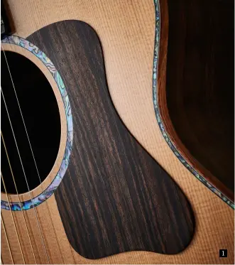  ?? ?? 1 1. The figured Macassar ebony pickguards on the three instrument­s have individual and attractive grain patterns, while the highly coloured abalone rosettes are very pretty