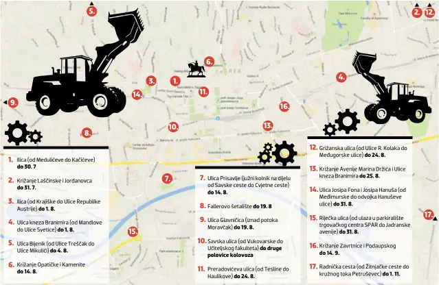  ??  ?? Karta koja pokazuje radove doslovno je pretrpana, tek je poneko manje gradilište otvoreno u srpnju već zatvoreno, no veći zahvati neće biti gotovi do kraja kolovoza