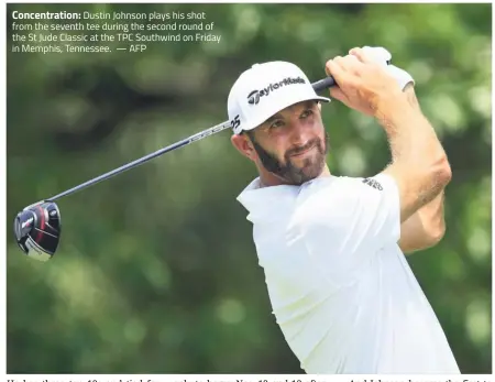  ??  ?? Concentrat­ion: Dustin Johnson plays his shot from the seventh tee during the second round of the St Jude Classic at the TPC Southwind on Friday in Memphis, Tennessee. — AFP