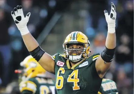  ?? THE CANADIAN PRESS FILES ?? Offensive lineman Andrew Jones celebrated a Grey Cup title as a member of the Eskimos in 2015. He’s staying in town following his retirement to get married and start a new career in real estate.