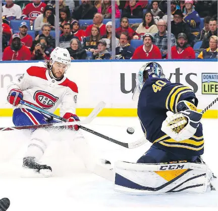  ?? KEVIN HOFFMAN/GETTY IMAGES ?? The Canadiens’ Jonathan Drouin fires the puck at Sabres’ goalie Carter Hutton during the first period at the KeyBank Center in Buffalo on Thursday. A power-play goal with 1:01 remaining on the clock in the third period gave host Buffalo a 4-3 win over Montreal.