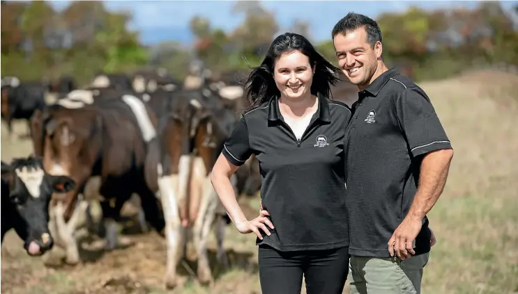  ?? TOM LEE/STUFF ?? Aidan and Sarah Stevenson, sharemilke­rs from Morrinsvil­le in the Waikato. They were announced winners of the regional Share Farmer of the Year category at the Waikato Dairy Industry Awards.