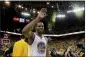  ?? RAY CHAVEZ — BAY AREA NEWS GROUP FILE ?? The Golden State Warriors’ Kevin Durant (35) celebrates their 113-111 win against the San Antonio Spurs in Game 1 of the Western Conference Finals at Oracle Arena in Oakland on May 14, 2017.