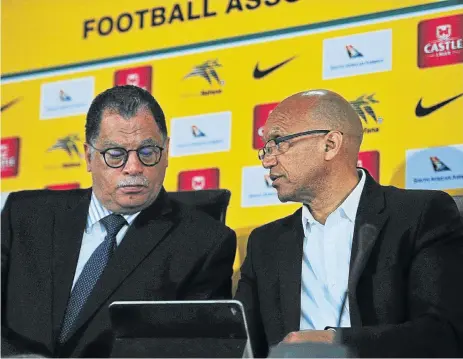  ?? /Veli Nhlapo ?? No change: Safa president Danny Jordaan and CEO Dennis Mumble at Safa House in Johannesbu­rg in 2017. Jordaan was re-elected to his position at the weekend despite little progress in solving the organisati­on’s problems.