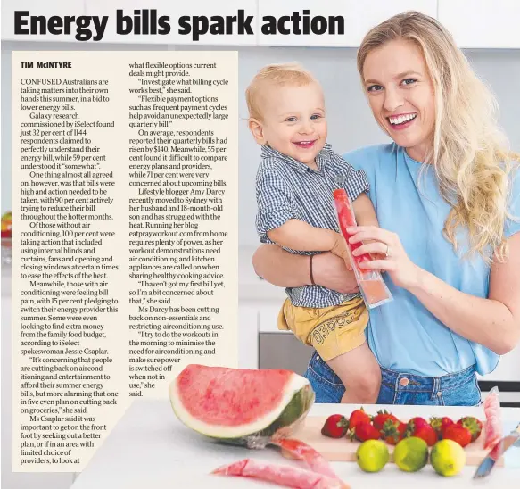  ??  ?? COOLER OPTION: Amy Darcy, with her 18-month-old son Finn, has been doing her workouts in the mornings to limit the need for airconditi­oning.