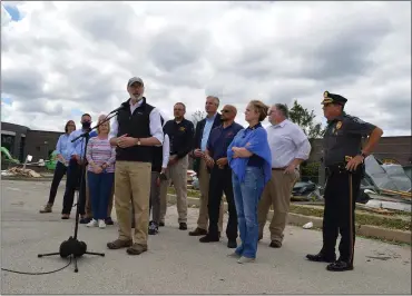  ?? RACHEL RAVINA — MEDIANEWS GROUP ?? Gov. Tom Wolf addresses members of the media as he makes remarks Friday afternoon outside of the Upper Dublin Township building in Fort Washington in Montgomery County. A group of local, county, state, and federal officials gather behind him.