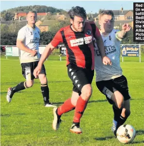  ?? Pictures: STEVE MILLER ?? Red Row Welfare (in white) do battle with Bedlington in Division One of the Northern Alliance League.