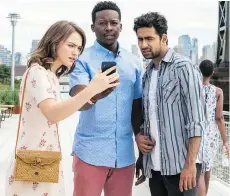  ??  ?? Violet t Beane, left , as Cara, Brandon Micheal Hall, as Miles, and Suraj Sharma, as Rakesh, st ar in God Friended Me.