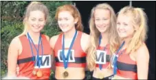  ??  ?? Left, the under-20 women’s team – Harriet Wilder, Alexandra Ferdinando, Lucy Hope and Darcey Kuypers and, right, Zara Edeleanu, Eleanor Callaghan-Inge, Lucy Maunders and Elle Wastell triumphed in the under-17 4x300m