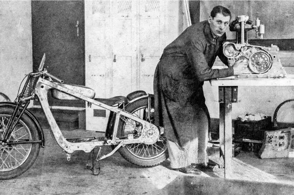  ??  ?? ABOVE: In a fabulous shot that looks like a still from a Fritz Lang movie, Patchett is seen working on his Jawa 500cc single in 1931