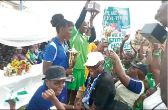  ?? ?? L-R: Proprietre­ss, Gloryland Schools, Mrs. Maryann Igbinovia, Chairman of the event, Mr. Joe Osazuwa; after presentati­on of trophies to the captains of Green House (champions), Blue House (2nd position) and Yellow (3rd position), at the 2024 Gloryland Schools Inter House Sports Competitio­n held at Ejigbo Mini Stadium, Ejigbo, Lagos...on Thursday