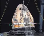  ?? AUBREY GEMIGNANI/AP ?? The Spacex Crew Dragon Endurance spacecraft is seen shortly after it landed in the Gulf of Mexico, Friday.