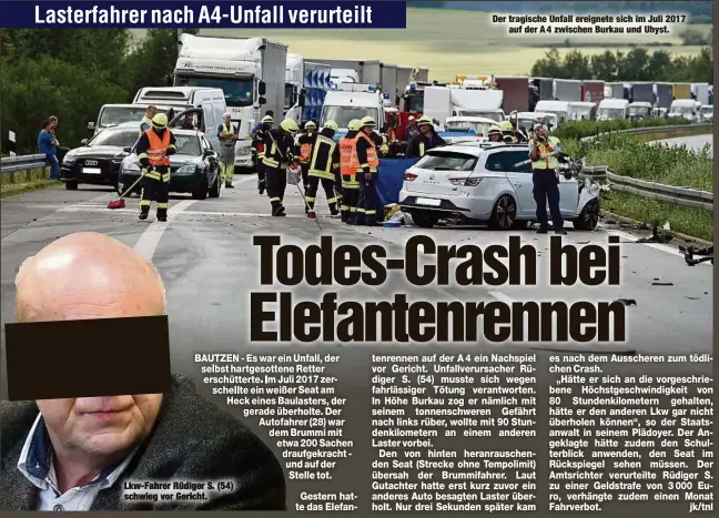  ??  ?? Lkw-Fahrer Rüdiger S. (54) schwieg vor Gericht. Der tragische Unfall ereignete sich im Juli 2017auf der A 4 zwischen Burkau und Uhyst.