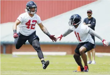  ?? ASSOCIATED PRESS FILE PHOTO ?? Duke Riley, left, and Quincy Mauger run a drill during the Atlanta Falcons’ rookie minicamp in May. Speed and youth are the new constants at linebacker for the team under defensive-minded head coach Dan Quinn.