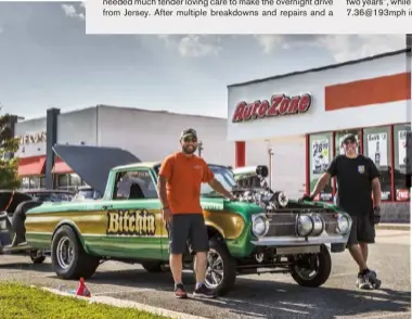  ??  ?? A/gas winner in 2017 and ’18, Jarrad Scott’s ’62 Ranchero had to settle for second behind Mike Finnegan’s ‘Blasphemi’ ’55 this year. Jarrad, who hails from Maysville, Iowa, bought the ‘ute’ from Dennis Taylor, who campaigned it at Drag Week 2016. Jarrad has since installed the 540-cube Hemi, TBS blower and Hilborn injection stack with Holley EFI, backed by a Mcleod five-speed manual and 9in