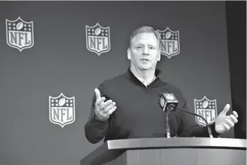  ?? Associated Press ?? ■ Commission­er Roger Goodell answers a question from a reporter during a news conference at the NFL owners meetings Wednesday in Orlando, Fla.