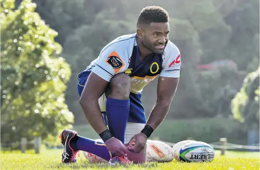  ?? PHOTO: PETER MCINTOSH ?? Laced and ready . . . Otago utility forward Joketani Koroi is looking forward to playing in the ‘‘Game of Three Halves’’ in Christchur­ch this Friday.