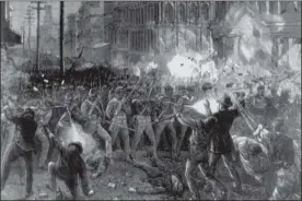  ?? LIBRARY OF CONGRESS ?? This illustrati­on from Harper’s Weekly for Aug. 11, 1877, depicts the 6th Maryland Regiment fighting its way through Baltimore en route to suppress a strike by rail workers. That summer the United States experience­d an outbreak of labor unrest that was...