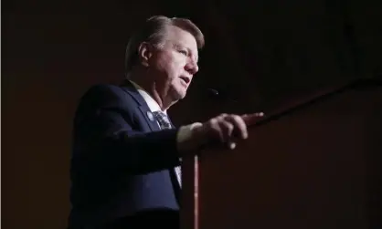  ?? Photograph: John Locher/AP ?? Jim Marchant speaks in Las Vegas. A former business owner and Nevada state assembly member, he has ties with the QAnon conspiracy theory movement.