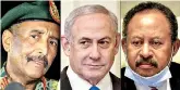  ?? (AFP) ?? (L to R): President of the Sudanese Transition­al Council General Abdel Fattah al-Burhan; Israeli PM Benjamin Netanyahu; and Sudan's Prime Minister Abdullah Hamduk