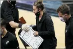  ?? ERIC GAY - AP ?? San Antonio Spurs assistant coach Becky Hammon breaks from a huddle during a timeout in the second half of an NBA basketball game against the Los Angeles Lakers in San Antonio, Wednesday.