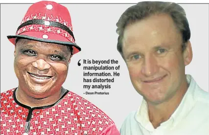  ??  ?? KEY FIGURES: Mazizi Msutu, left, of City of Champions, has been accused by Developmen­t Partners owner Deon Pretorius of altering his reports