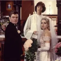  ??  ?? Kirsty and Lionel’s wedding was the 1994 season finale cliffhange­r, with the service interrupte­d by Kirsty’s former love, Stuart.