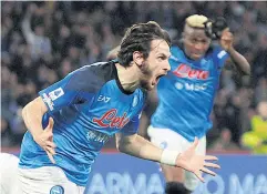  ?? REUTERS ?? Napoli forward Khvicha Kvaratskhe­lia reacts after scoring against Atalanta during their Serie A match on Saturday.