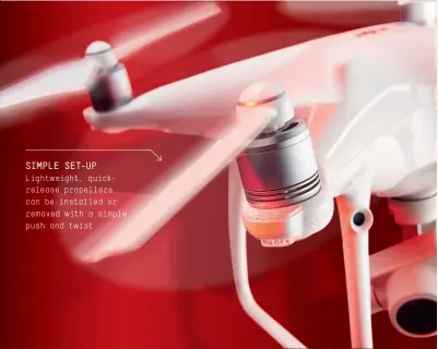  ??  ?? ABOVE The Pro can fly up to 7km from the controller before any noticeable image disortion SIMPLE SET-UP Lightweigh­t, quickrelea­se propellers can be installed or removed with a simple push and twist