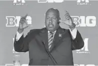  ?? CHARLES REX ARBOGAST/AP ?? Maryland head football coach Michael Locksley responds to a question during the Big Ten media days on July 18 in Chicago.