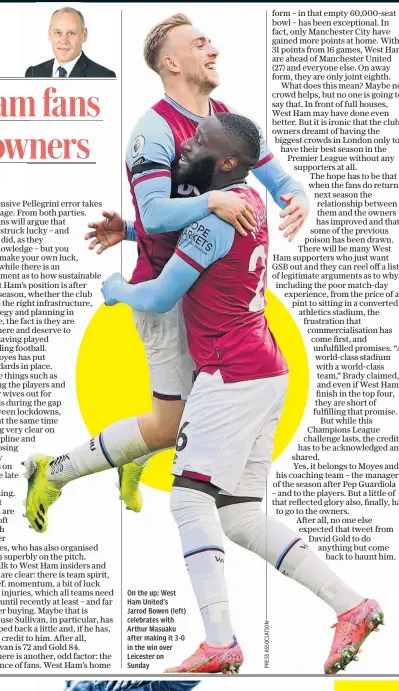  ??  ?? On the up: West Ham United’s Jarrod Bowen (left) celebrates with Arthur Masuaku after making it 3-0 in the win over Leicester on Sunday