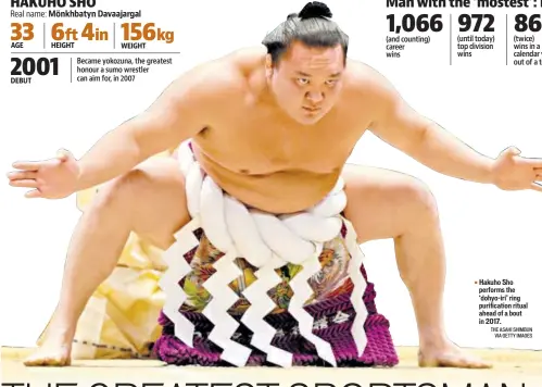  ?? THE ASAHI SHIMBUN VIA GETTY IMAGES ?? Hakuho Sho performs the ‘dohyoiri’ ring purificati­on ritual ahead of a bout in 2017.