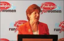  ??  ?? Albany Mayor Kathy Sheehan talks to a group of runners on media day before the Freihofer's Run for Women 5K. Sheehan will also be competing at the event.