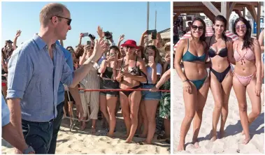  ??  ?? Prince of waves: The Duke greets a group of bikini-clad admirers on the beach in Tel Aviv