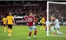  ?? Photograph: Marc Atkins/Getty ?? Jarrod Bowen celebrates as the Wolves defence is powerless after West Ham’s second goal in Bruno Lage’s last game in charge.