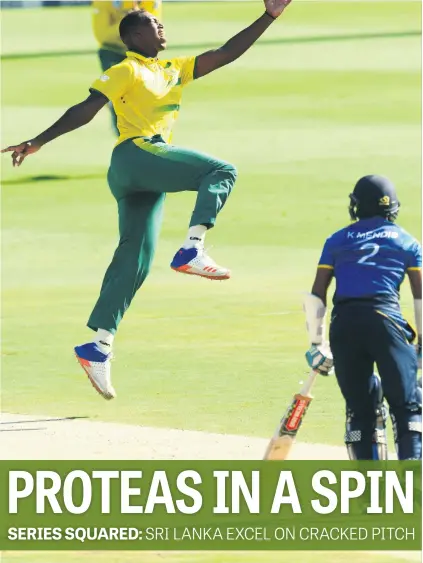  ?? Picture: Gallo Images ?? SHINING LIGHT. Proteas speedster Lungi Ngidi celebrates after taking the wicket of Sri Lanka’s Kusal Mendis during the second T20 Internatio­nal at the Wanderers yesterday.