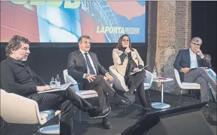  ?? FOTO: PERE PUNTÍ ?? De izquierda a derecha, Juli Guiu, Joan Laporta, Maria Elena Fort y Jordi Llauradó, en la presentaci­ón de ayer en la sede electoral