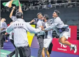  ?? BADMINTONP­HOTO/BWF ?? The Indian team celebrate after beating Malaysia 3-2 in the quarter-finals in Bangkok on Thursday.