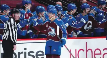  ?? (USA TODAY Sports) ?? Colorado Avalanche centre Tyson Jost (centre) celebrates his goal during the second period of the NHL game against the Los Angeles Kings at Ball Arena in Denver, Colorado, United States, on Thursday.