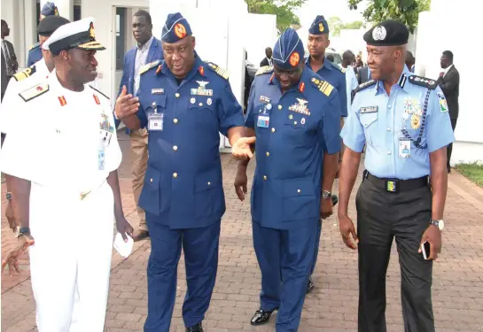  ?? PHOTO: FELIX ONIGBINDE ?? From left: Chief of Naval Staff Rear Admiral Usman Jibrin, Chief of Defence Staff Air Chief Marshal Alex Badeh, Chief of Air Staff Air Marshal Adesola Amosu and Inspector General of Police Mohammed Abubakar, after the National Security Council meeting...