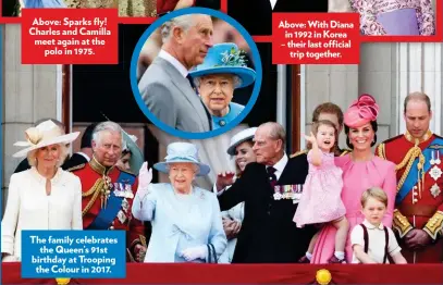  ??  ?? Charles and Camilla meet again at the polo in 1975. The family celebrates the Queen’s 91st birthday at Trooping the Colour in 2017. – their last official trip together.