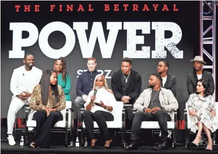  ?? MATT SAYLES/AP ?? Mary J. Blige, second from left in the front row, talks about starring in Starz’s “Power” sequel, “Power Book II: Ghost,” as “Power” cast members and producers, including 50 Cent, far left, listen.