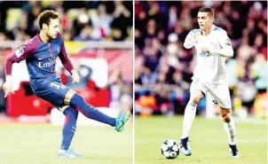  ?? AFP ?? Paris Saint-Germain and Neymar (left) will take on Real Madrid and Cristiano Ronaldo (right) in the Champions League last 16 after the sides were drawn together yesterday.