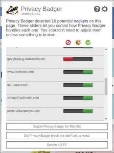  ??  ?? Figure 2: Privacy Badger detects 16 potential trackers on a popular shopping website